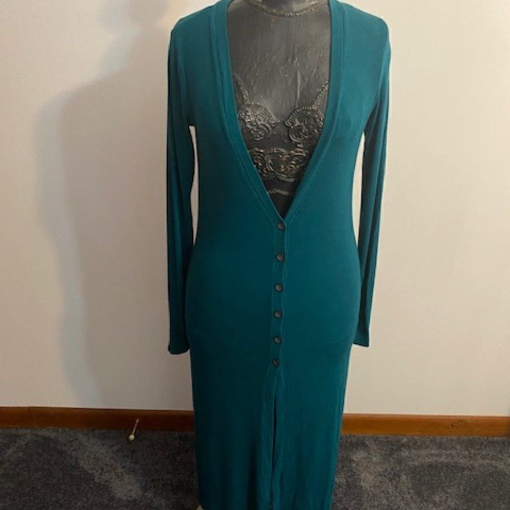 Three Dots Long Green Cardigan, size XS